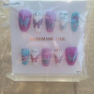 Handmade Butterfly Coffin Press-On Nails - Pink, White, Blue